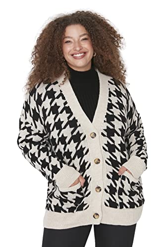 Trendyol Damski dekolt w serek wzorzysty regularny sweter kardigan plus size, czarny, 2XL, Czarny, XXL