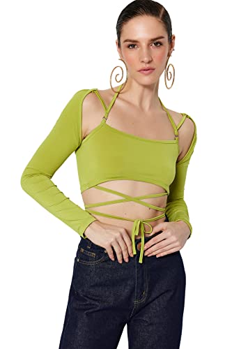 TRENDYOL Damska koszula damska z dopasowanym bodycon Scoop Neck Knit Blouse, zielony, 40