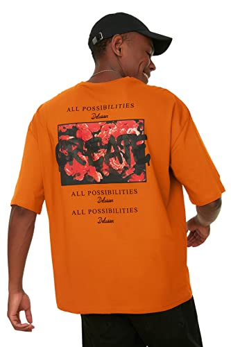 TRENDYOL Męski t-shirt z okrągłym dekoltem, z dzianiny, oversized, wielbłąd, XL