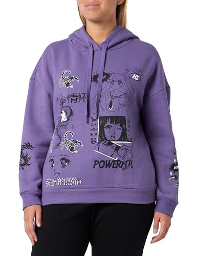 Koton Damska bluza z kapturem oversized Anime Printed Long Sleeve, fioletowy (397), m