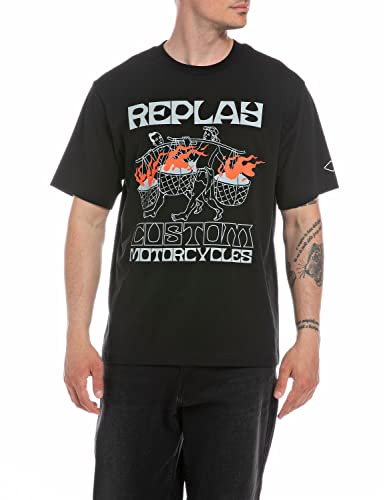 Replay T-shirt męski z krótkim rękawem z nadrukiem, 098 BLACK, XXL