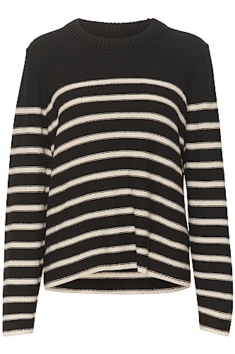 Part Two Women's Pullover Crew Neck Długie rękawy Regular Fit Wzór w paski, Czarny pasek, XL