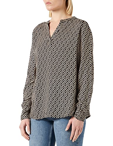 Damska bluzka KAFFE V-Neck Printed Długie rękawy, Nadruk na czarno/Piasek, 32