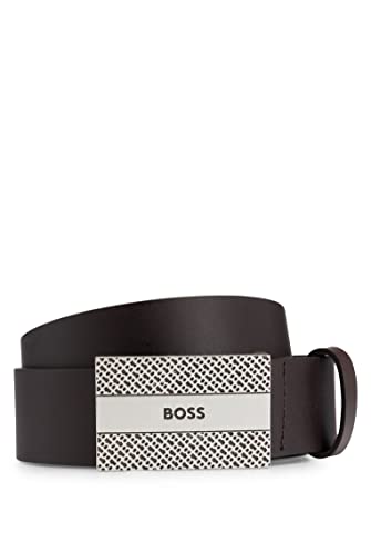 BOSS Męski pasek skórzany Icon-Bm-S z monogramami i logo na sprzączce, Dark Brown202, 100