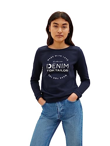 TOM TAILOR Denim Damski sweter z nadrukiem logo i ramieniem marszczącym, 10668-sky Captain Blue, L, 10668-sky Captain Blue, L