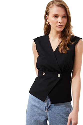 Trendyol Damska dopasowana bluzka basic cache-coeur, Czarny, 64