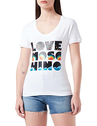 Love Moschino Damska koszulka z dżerseju z głębokim okrągłym dekoltem i panelem Only Good Vibes Lm, optical white, 44 PL