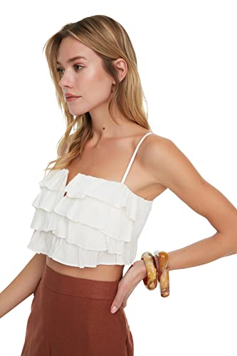 TRENDYOL Damska bluzka damska Frilly Crop, biały, 34