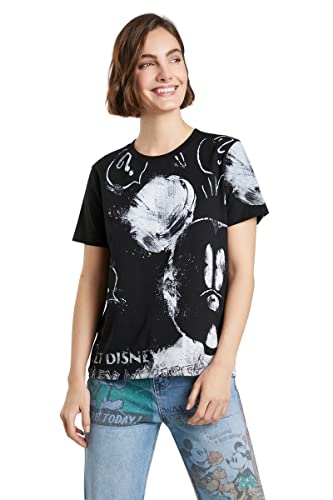 Desigual Damska koszulka Mickey z okrągłym kołnierzem, logo, czarny, XS