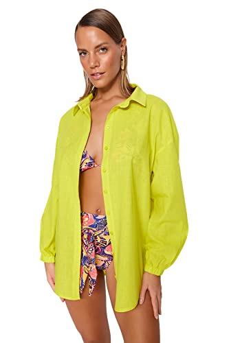 Trendyol Damska koszula oversize z kołnierzem basicowym, tkana koszula, Olejek zielony, 38