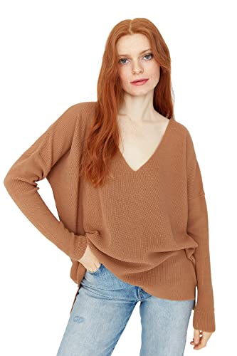 Trendyol Damska bluza z dekoltem w serek, jednokolorowa, oversize, sweter, Brązowy, M