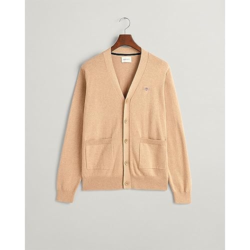 GANT Męski klasyczny bawełniany kardigan w kształcie litery V, Khaki Mel, XL