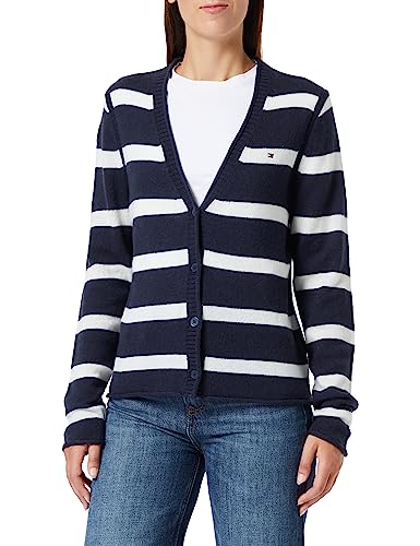 Tommy Hilfiger Damski kardigan z miękkiej wełny V-nk, Breton Stp/Desert Sky/Ecru, L