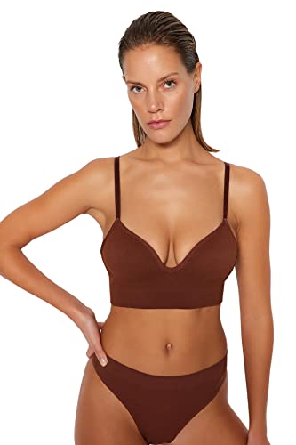 Trendyol Bielizna damska Bralette Biustonosz z dzianiny z dekoltem w serek, brązowy, 75B, Brązowy, 75