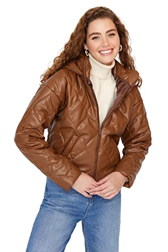 Trendyol Damska kurtka oversize z kapturem, tkana odzież wierzchnia, brązowa, S, Brązowy, S