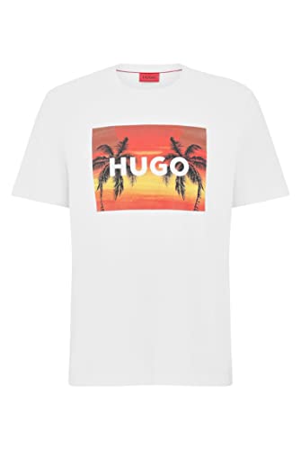 HUGO Męski T-shirt Dulive U232 z bawełnianego dżerseju z grafiką palmy i logo, White100, XS
