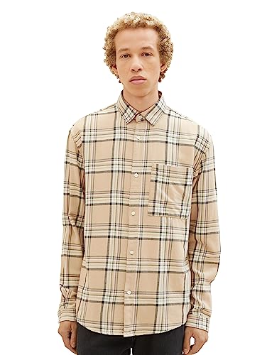 TOM TAILOR Denim Męska koszula w kratę z bawełny z kieszenią na piersi, 32848-silver ecru Colorful Check, S