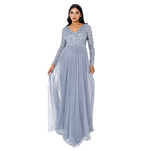Maya Deluxe Womens Dress Sleeve For Wedding Guest V Neck High Empire Waist Maxi Long Length Evening Bridesmaid Prom Sukienka damska, Dusty Blue, 28