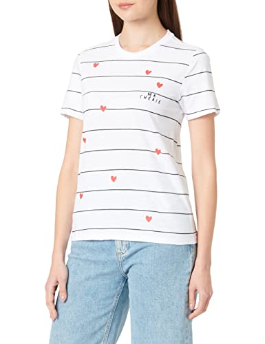 ONLY Women's ONLBONE REG S/S Heart TOP Box JRS T-Shirt, Bright White/Stripes:Black + Print Cherie, XS