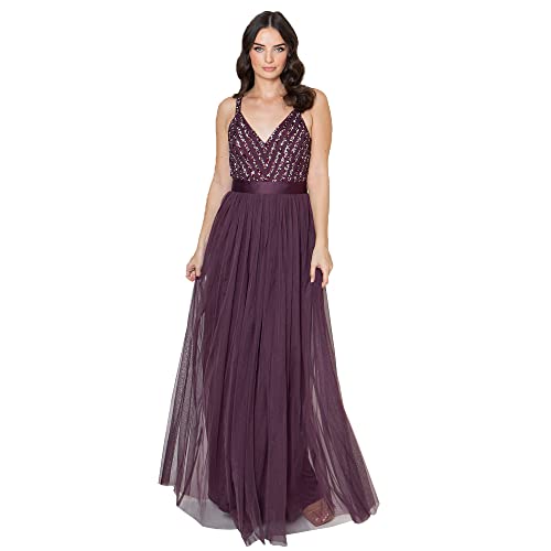 Maya Deluxe Damska sukienka maxi Maya bez rękawów w paski zdobiona sukienka maxi na studniówkę, jagodowa, 14