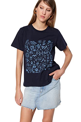 Trendyol Damska koszulka z dzianiny o luźnym kroju Basic z okrągłym dekoltem, granatowa, M, granatowy, M