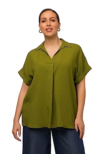 Ulla Popken Damska bluzka z guzikami na plecach, oversize, ozdobna, z rękawami do połowy rękawów, awokado., 62/64