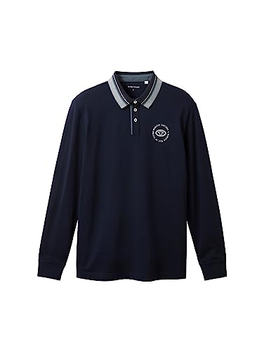 TOM TAILOR Męska koszulka polo z długim rękawem z nadrukiem logo, 10668-sky Captain Blue, L