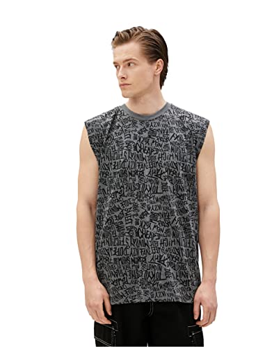 Koton Męski tank top bez rękawów z nadrukiem Crew Neck, Anthracite Design (9d3), XL