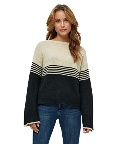 Minus Damski sweter z dzianiny Kalia, piaskowo-szary w paski, L, Piaskowo-szary paski, L