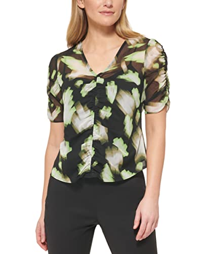 DKNY Damska bluza z nadrukiem z ruched frontem i krótkimi rękawami w marszczonym szyfonie, czarny/lazer/kość słoniowa, M