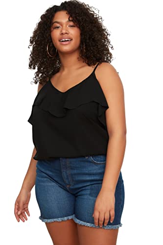 Trendyol Woman Regular Standard V Neck Tkana Plus Size Blouse Koszula damska, Czarny, 42