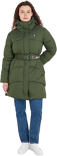 Calvin Klein Jeans Damskie płaszcze z logo z długim puchowym wyściełanym paskiem, Tymianek, XL