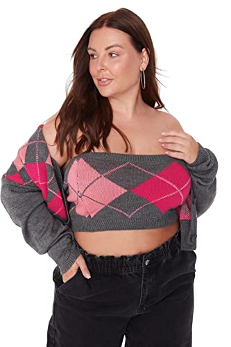 Trendyol Damski kwadratowy kołnierzyk w kratę luźny sweter kardigan plus size, antracytowy, 5XL (2 sztuki), Antracyt, 5XL