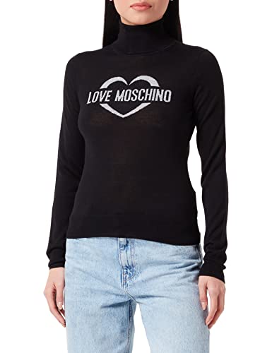 Love Moschino Damski sweter Slim Fit Turtleneck with Heart Jacquard Intarsia Pulower Sweater, czarny, 42
