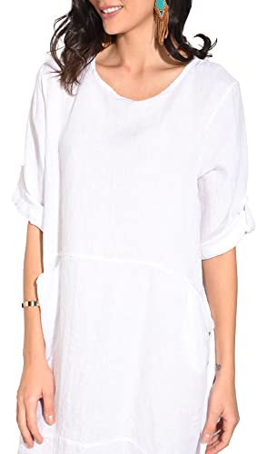 Bonateks damska sukienka 100% lniana wyprodukowana we Włoszech, sukienka z ramiączkami i rozpinaniem z tyłu, biała, rozmiar: L, biały, L