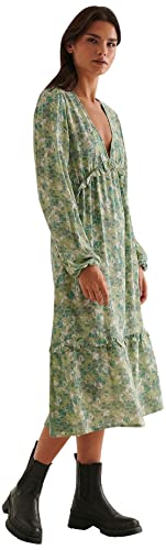 NA-KD Damska sukienka midi z falbaną z rękawami balonowymi na co dzień, Zielony Kwiat, 42