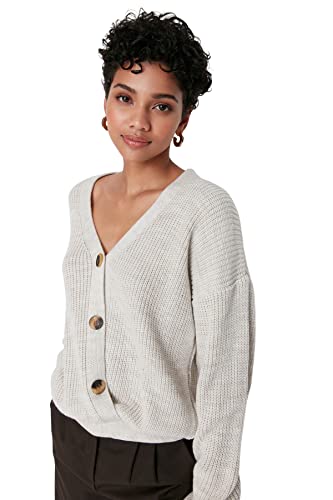 Trendyol Damski standardowy standardowy kardigan z dzianiny z dekoltem w serek, BEŻOWY, M