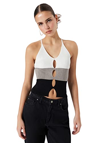 Trendyol Damska bluzka z dzianiny Regular Fit Basic V Neck, Ecru, M