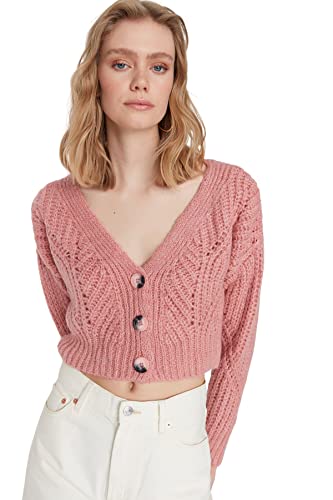 Trendyol Damski regularny kardigan z dzianiny z dekoltem w serek, Proszek, M