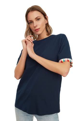 Trendyol Damska koszulka z dzianiny Boyfriend Basic Crew Neck Navy Blue, granatowy, S