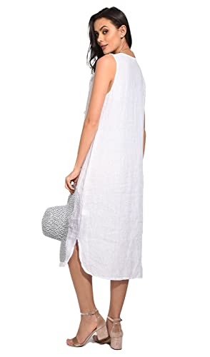 Sukienka damska 100% lniana Made in Italy, długa sukienka z okrągłym dekoltem, z przodu z krótkim rękawem, czarna, rozmiar: S, czarny, S