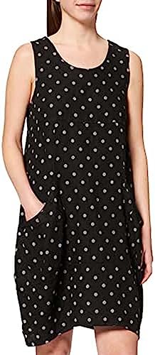 Bonateks, Sukienka z okrągłym kołnierzem i średniej długości z kieszeniami i motywami w kropki, 100% len, rozmiar DE: 40 rozmiar US: L, czarna - wyprodukowano we Włoszech, czarny, 40