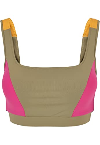 Urban Classics Damski biustonosz sportowy Ladies Color Block Bra, górna część dla kobiet, wstawki w kontrastujących kolorach, rozmiary XS - 5XL, khaki/jasnofioletowy/magimango, M