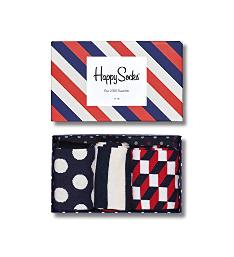Happy Socks 3-Pack Classic Stripe Gift Box, kolorowe i zabawne, Skarpetki dla kobiet i mężczyzn, Niebieski-Biały-Czerwony (36-40)