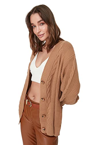 Trendyol Damski regularny kardigan z dzianiny z dekoltem w serek, Wielbłądzi, M