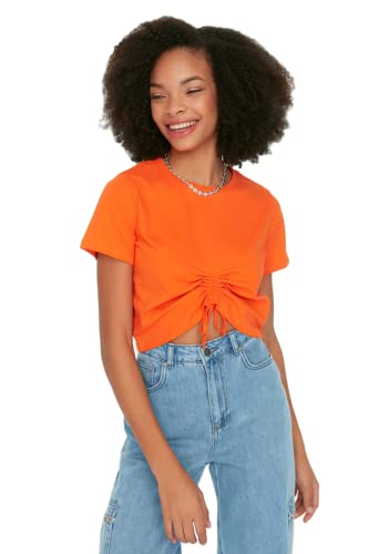 Trendyol Damska koszulka z dzianiny o regularnym kroju z okrągłym dekoltem, pomarańczowy, M