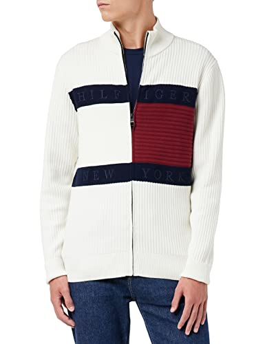 Tommy Hilfiger Męskie kardigany z flagą Hilfiger, zamek błyskawiczny, kość słoniowa, M, kość słoniowa, M