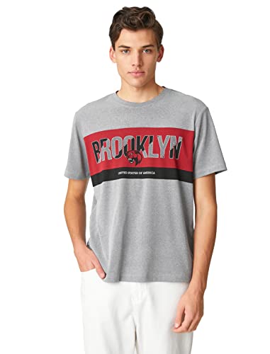 Koton Koszulka męska Varsity z nadrukiem Crew Neck Short Sleeve, Szary (027), M