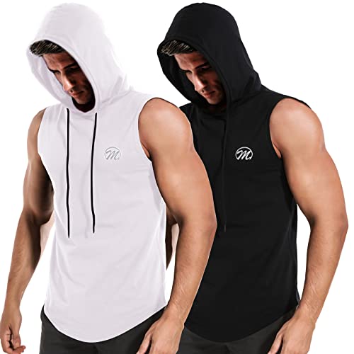 MEETWEE Męski tank top, koszulka sportowa z kapturem, bez rękawów, na siłownię, do biegania, treningu, czarno-biały, L
