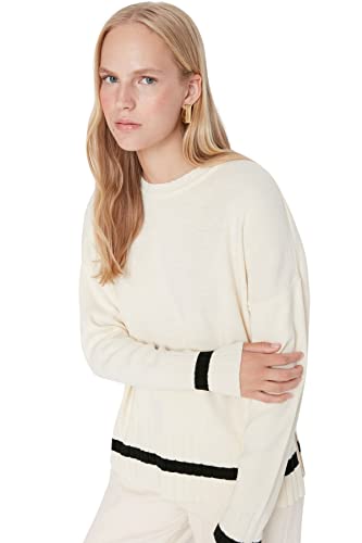 Trendyol Damska bluza z okrągłym dekoltem, jednokolorowa, oversize, sweter, Ecru, S